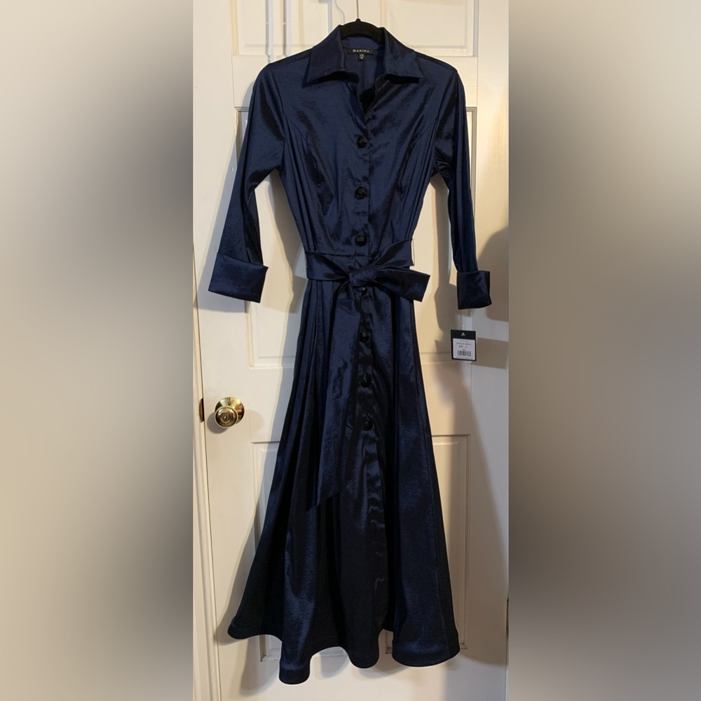 MARINA Navy Satin Long-Sleeve Button Front Dress with Waist Tie
